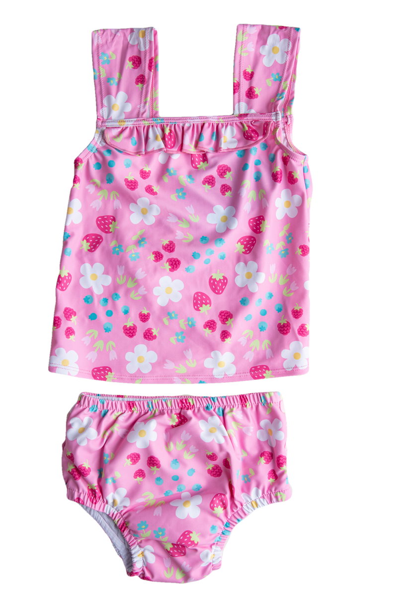 Strawberry Flower Tankini Two-Pieces Swimsuit Snap Reusable Absorbent ...